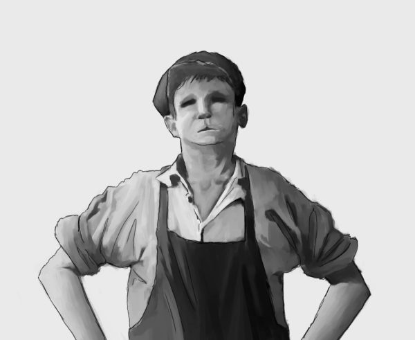 An illustration of a young boy in work clothes. 