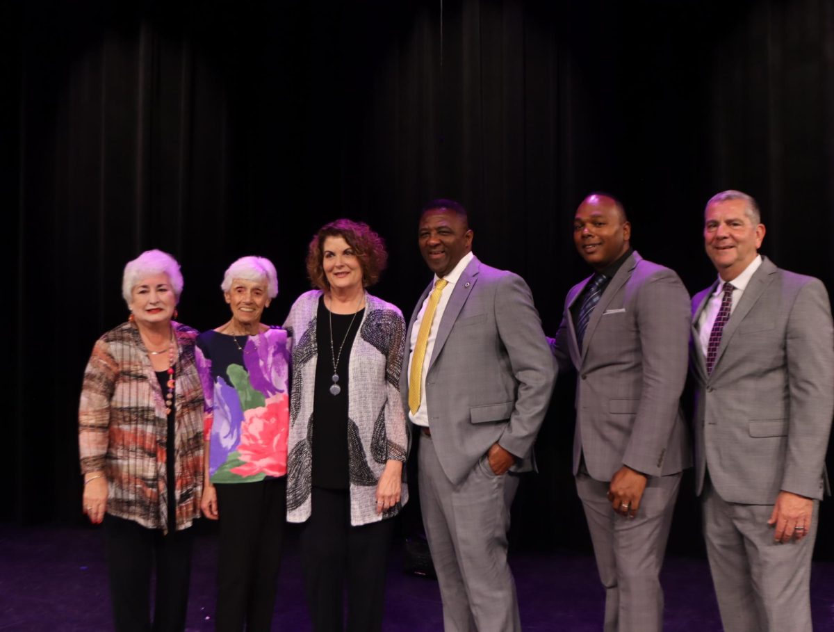 (From left to right) Robinsons Past Principals Sylvia Albritton (1990-1996), Sandy Bunkin (1996-2001), Laura Zavatkay (2004-2012), Johnny Bush (2012-2016), Robert Bhoolai (2016-2022) and current Principal David Brown (2022-Present) at the Rededication Ceremony. 