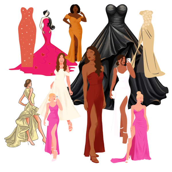 A graphic depicting different types of prom dresses.