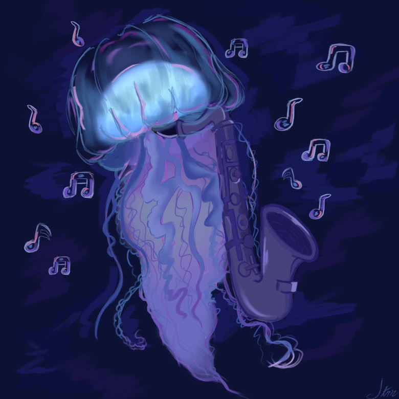 Illustration by Janiece Mitchner of a Jellyfish cooking on the Saxophone.