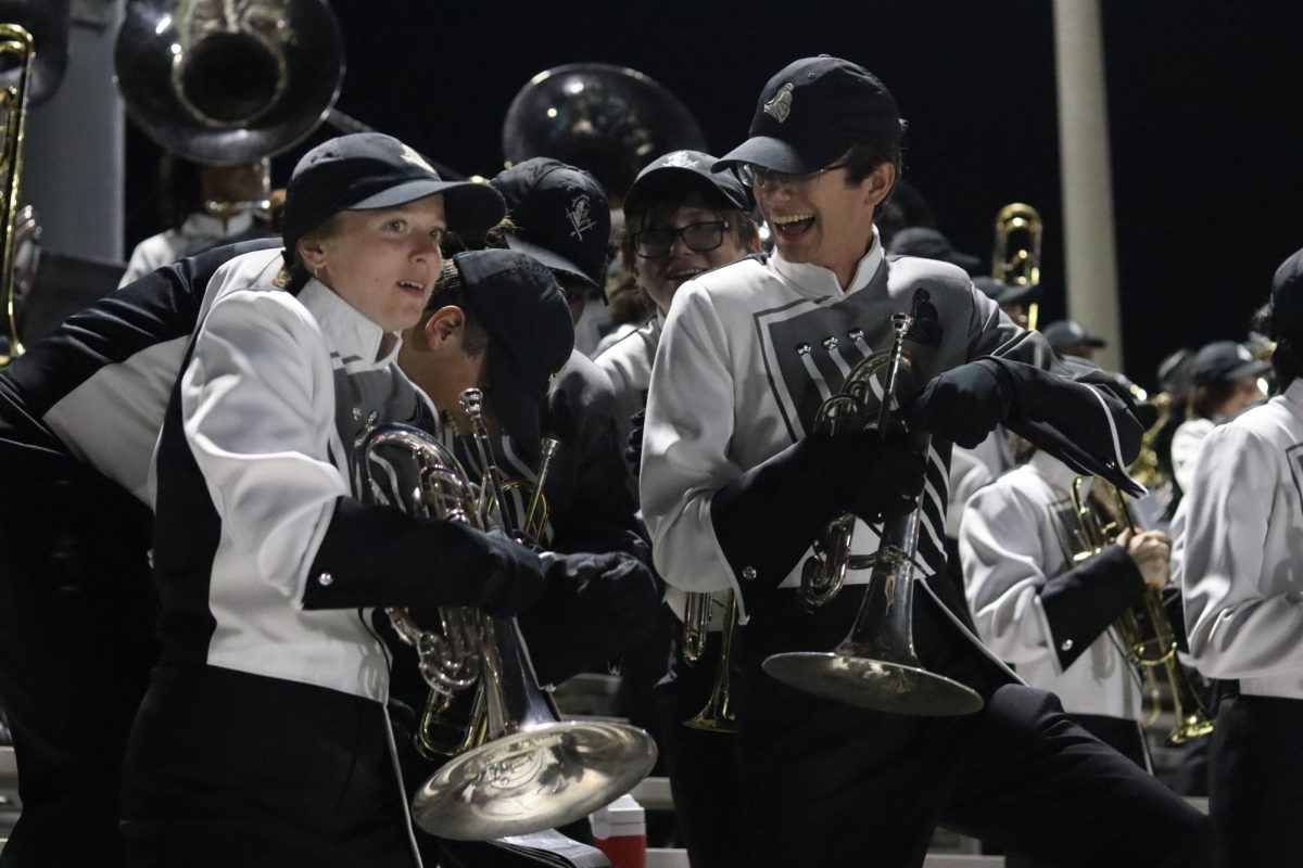 Hailey Irvan ('25) and Ethan Griffeth ('26) dance in the stands during the Homecoming game.