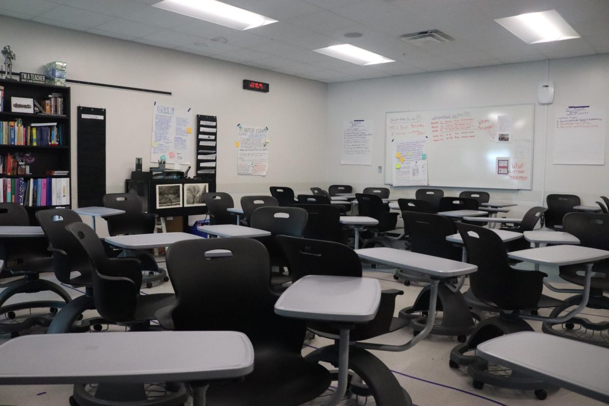 Desks scattered throughout a classroom