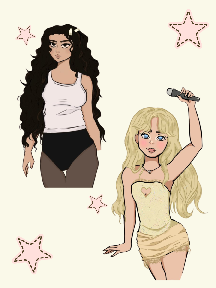 Illustrations of artists Charli XCX and Sabrina Carpenter