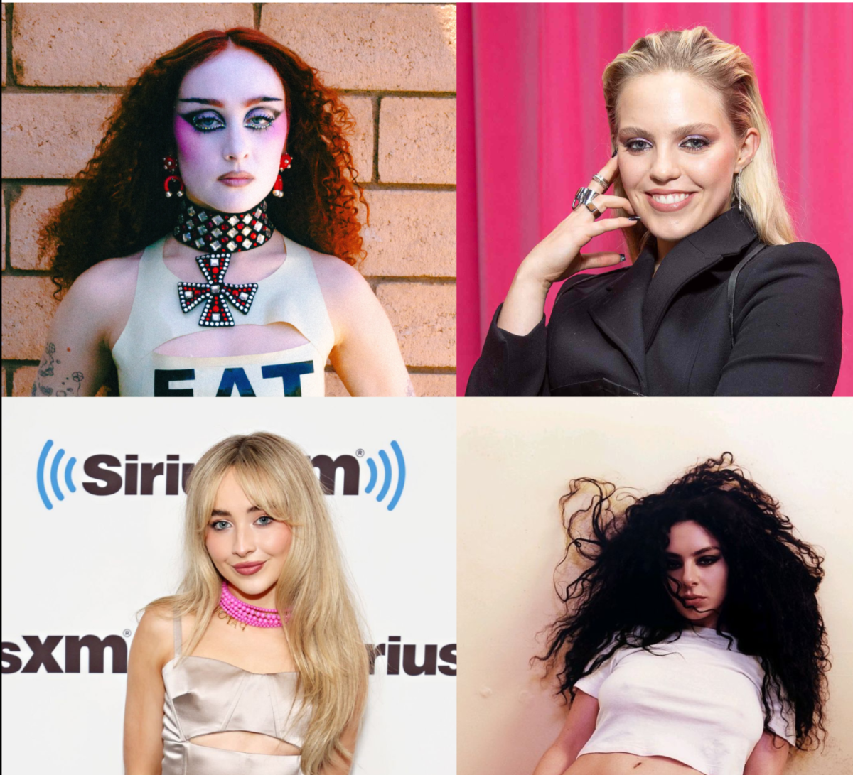 Collage of rising female pop artists currently. Chapell Roan, Renee Rap, Sabrina Carpenter, and Charli XCX all represent the hope for female empowerment in pop music. These photots are from Vogue.com, People Magazine, and Sirius XM
