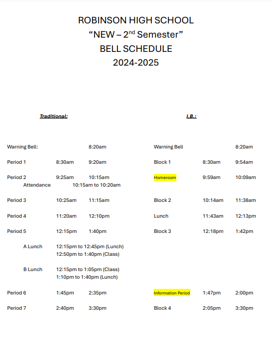 Robinson's New Bell Schedule going into effect Jan. 17, 2024