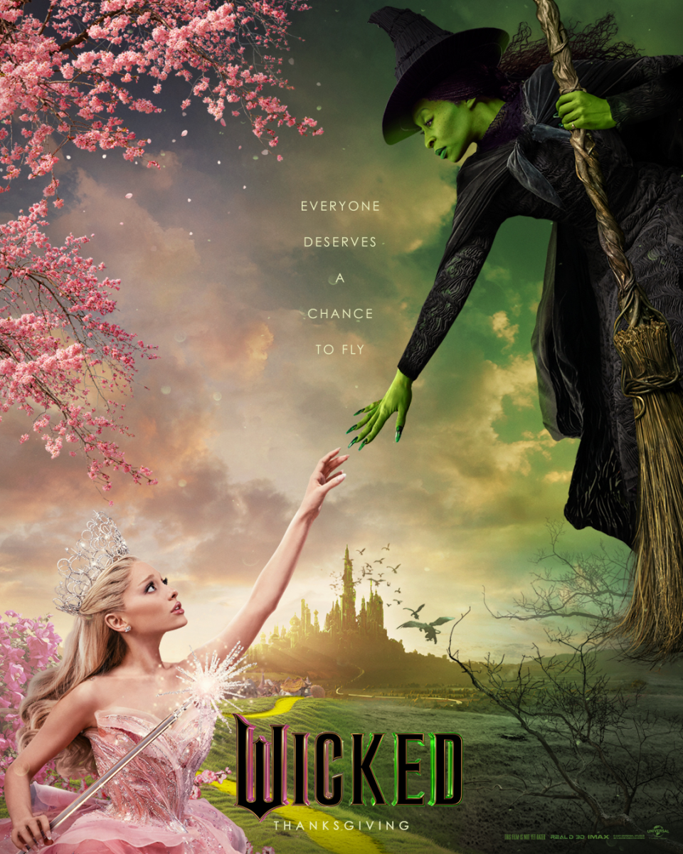 A promotional poster for Wicked with actors Ariana Grande and Cynthia Erivo as their characters Glinda and Elphaba. 