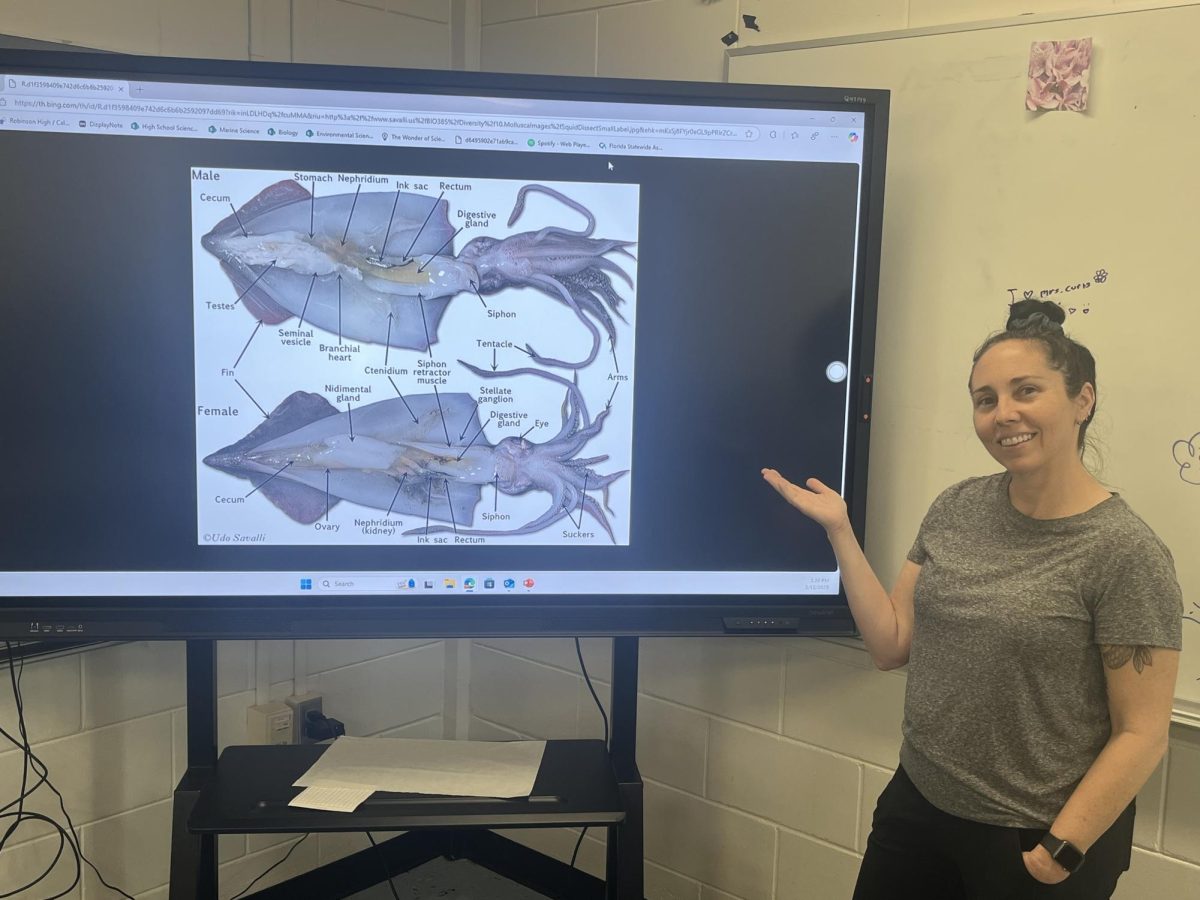 Science Teacher Laura Curts poses next to her whiteboard
