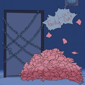 A door with chains on it and a large stack of tardy slips lay in a pile. 