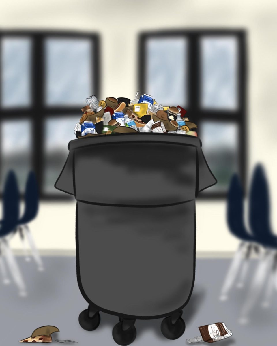 Drawing of Robinson's overflowing trash cans. By. Mercedes Pepple