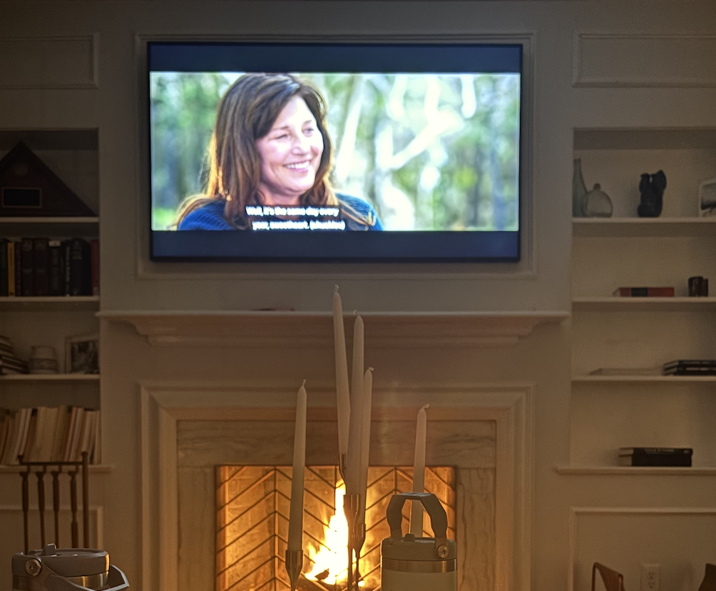 Cozy movie by the fire place.