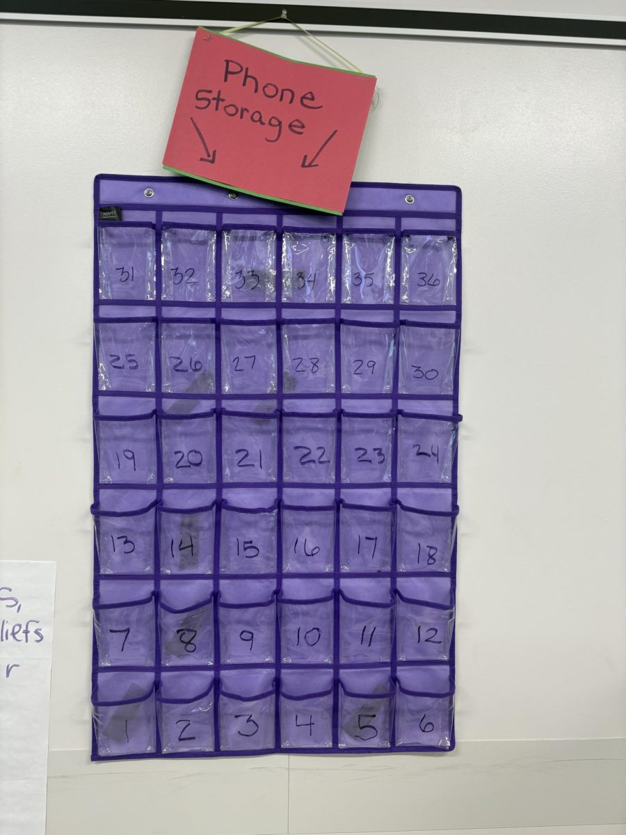 Phone organizer where students store their devices during class.