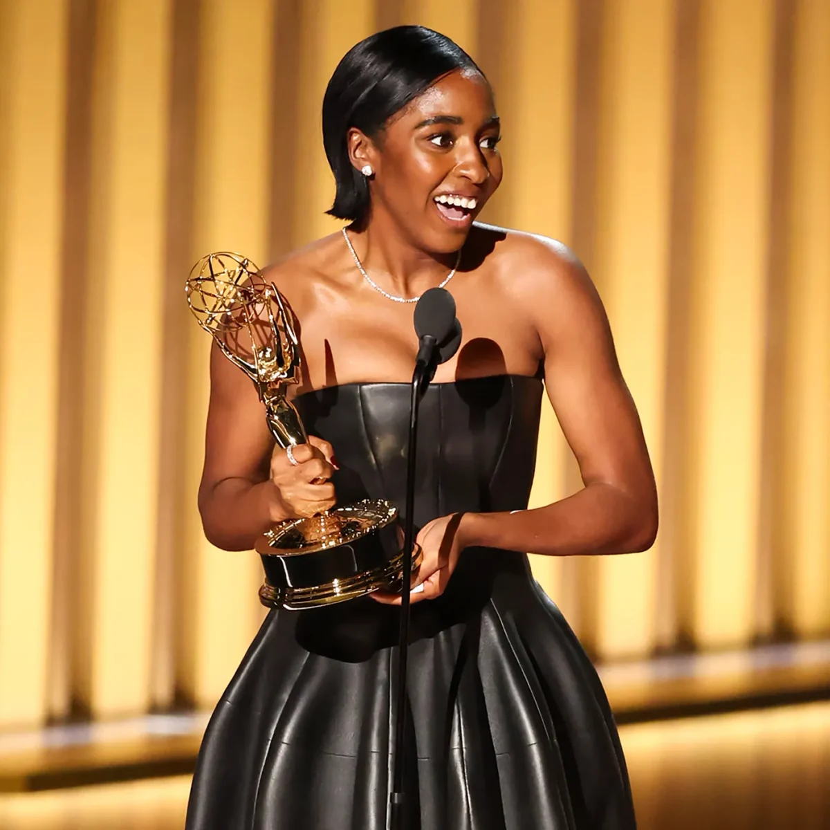 Ayo Edibri winning an Emmy for her performance in FX's The Bear, in 2024.