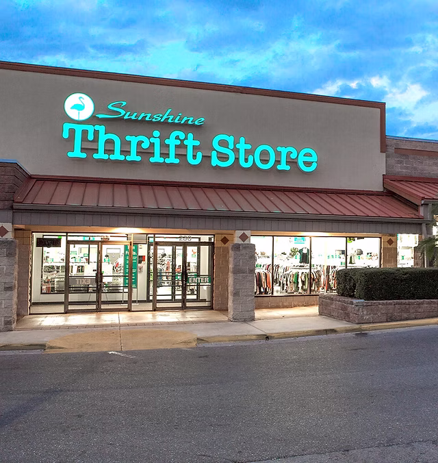 A photo of Sunshine Thrift Store, a nearby and affordable option for Halloween shopping.
