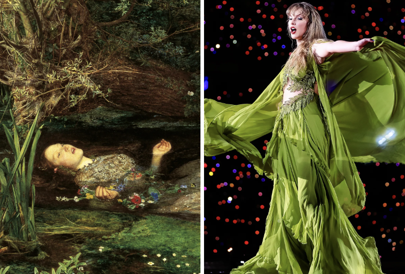 Graphic depicting Taylor Swift next to Ophelia drowning.