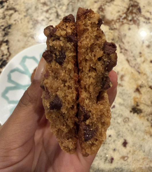 The inside of a banana oatmeal chocolate chip cookie.