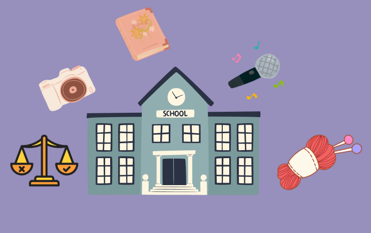 Canva image of a school and club activities.