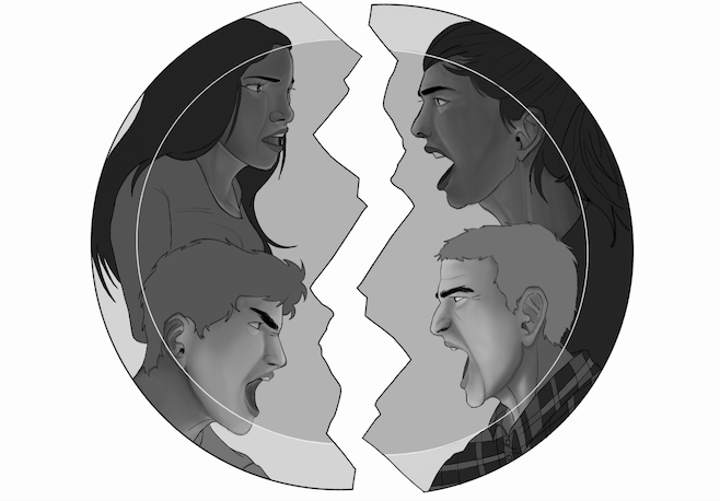 Illustration of a divided, screaming family over a broken plate.