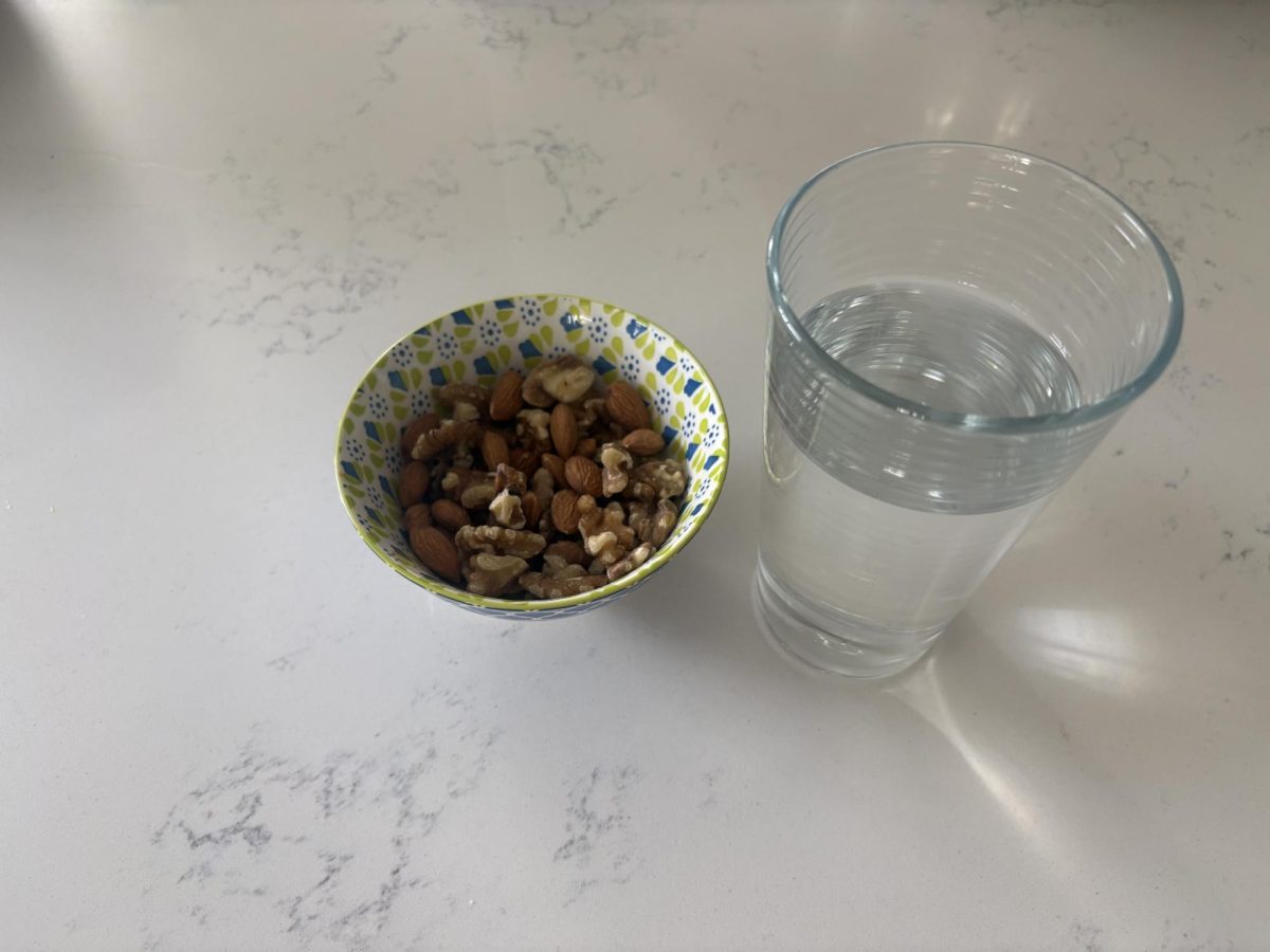 Water and nuts, a simple meal often eaten to break fast. 