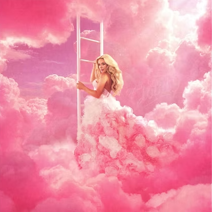 Megan Moroney in her cotton-candy pink clouds. Image for "Cloud 9" album cover and song.