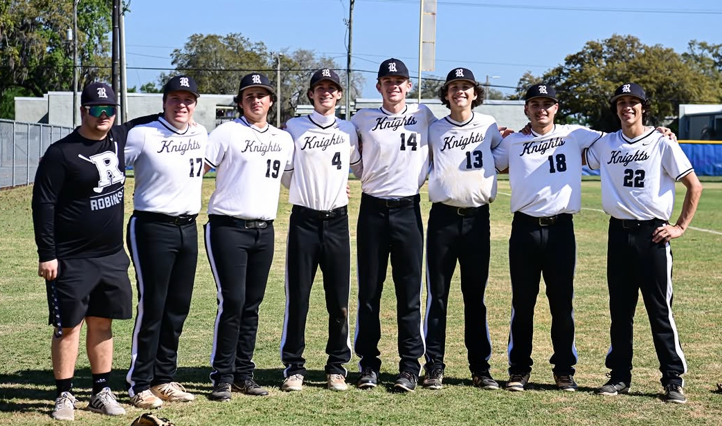 Robinson Knights Seniors, from left to right: George Scott, Jackson Tebbe, Rhyder Robinson, Collin Rosenberg, Cason Cooper, Santiago Rojas, Andrew Zimmerman, and Gavyn Montera.